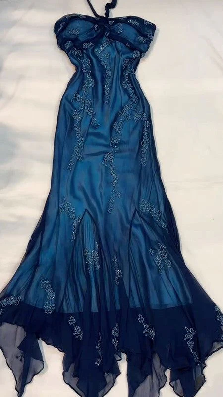 Unique Navy Blue Chiffon Beaded Formal Prom Dress Mermaid Evening Dress - VelvetHem