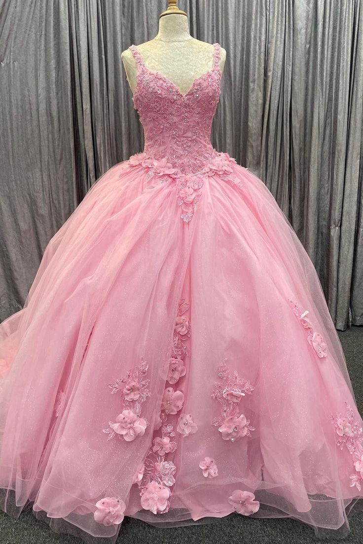 Chic Pink Tulle Floral Appliques Quinceanera Dress Two-Wear Ball Gown - VelvetHem