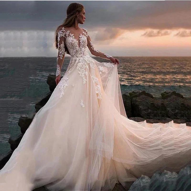Lace Appliqued Bridal Gown For Women Illusion Long Sleeves Beach Wedding Dress Light Champagne Robe Bride Dresses (ZD13431) - VelvetHem