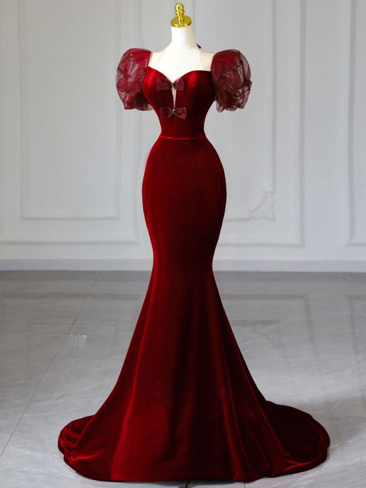 Burgundy Mermaid Velvet Puff Sleeve Bow Prom Dress Elegant Evening Dress Y7674 - VelvetHem