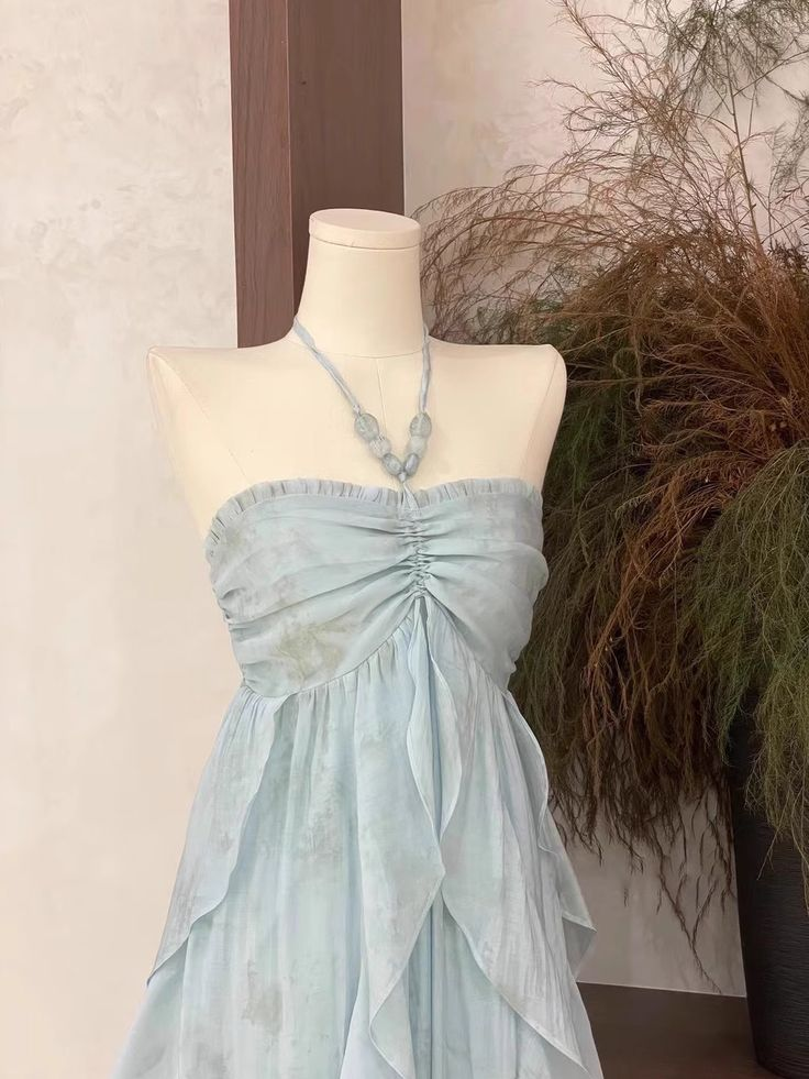 Cute Halter Ruffled Floral Prom Dress Blue Chiffon Long Vacation Dress - View 3 | VelvetHem