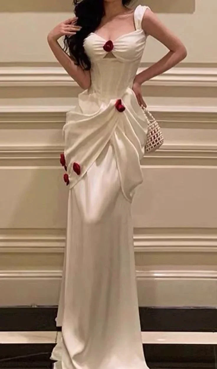 Elegant White Satin Flowers Evening Dress Long Prom Dress Wedding Dress (ZD13721)