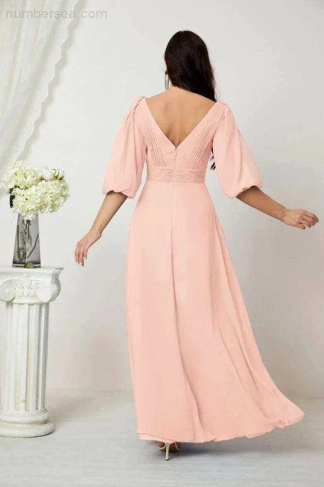 ZapDress Formal Prom Gown Women V-Neck Chiffon Bridesmaid Dresses Long Bishop Sleeve Party Dress 2807 (ZD17027)