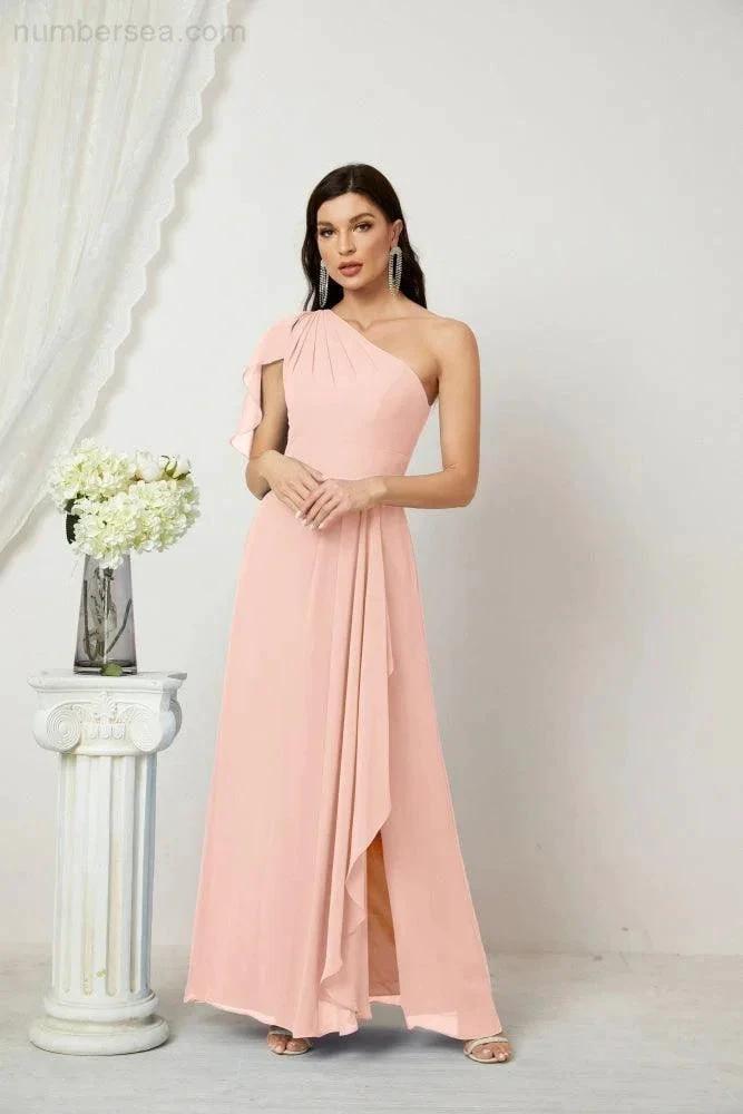 ZapDress Chiffon Ruffled One Shoulder Long Bridesmaid Dresses A-line Formal Evening Gown Side Split 2809 (ZD17049)
