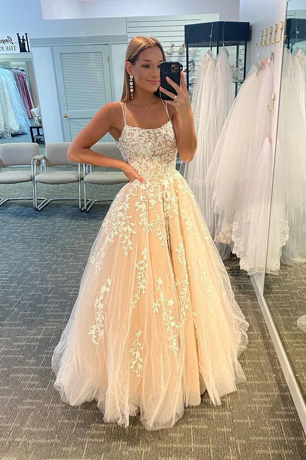 Princess A Line Spaghetti Straps Purple Long Prom Dress with Appliques