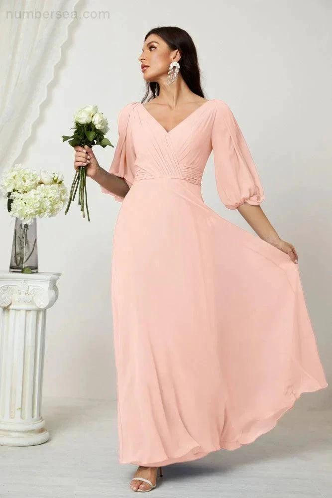 ZapDress Formal Prom Gown Women V-Neck Chiffon Bridesmaid Dresses Long Bishop Sleeve Party Dress 2807 (ZD17027)
