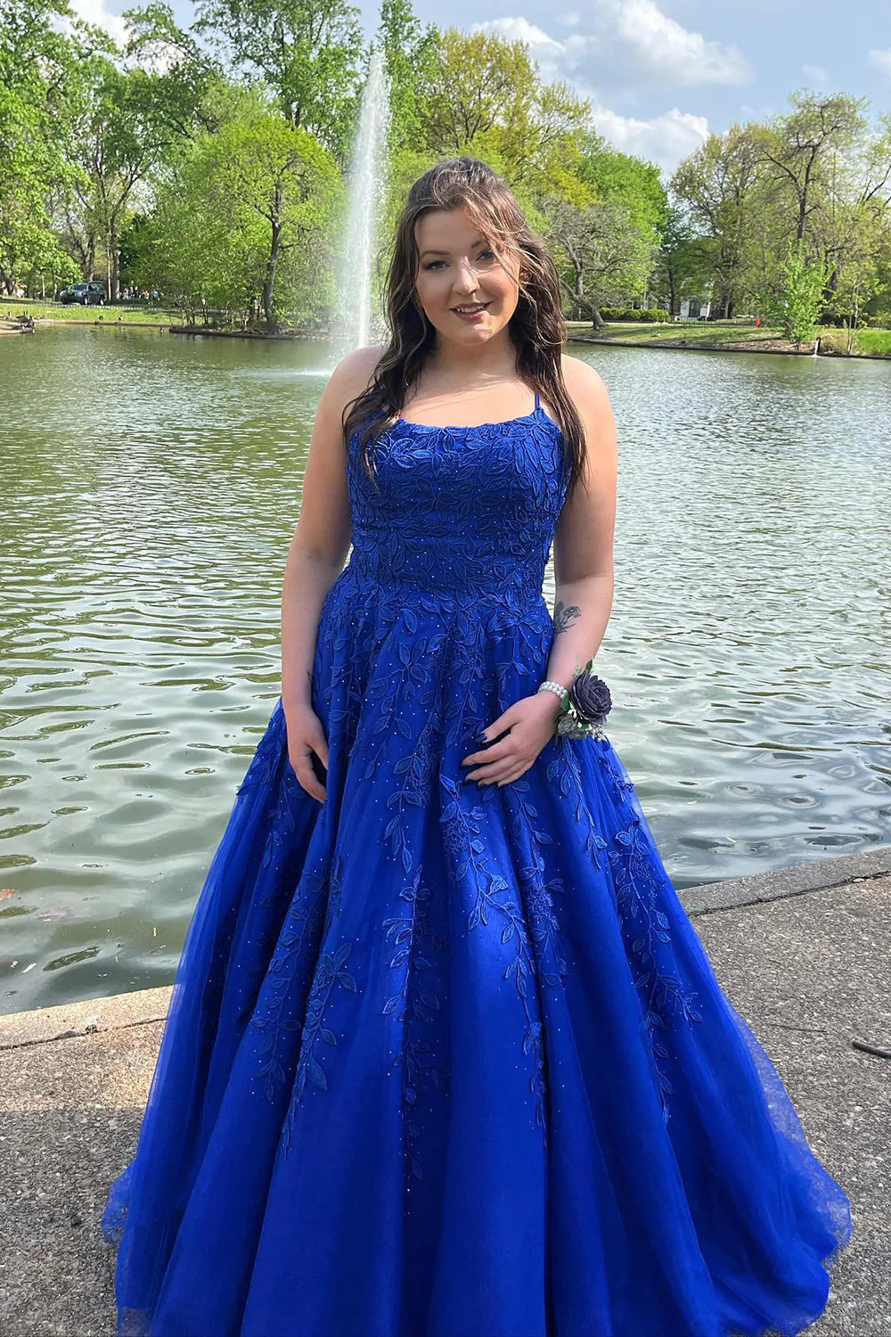 Princess A Line Spaghetti Straps Purple Long Prom Dress with Appliques