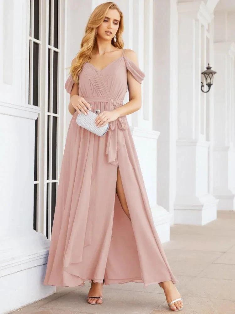 Numbersea Off The Shoulder Chiffon Bridesmaid Dress Long Formal Graduation Gown with Cowl Back 28069 by numbersea