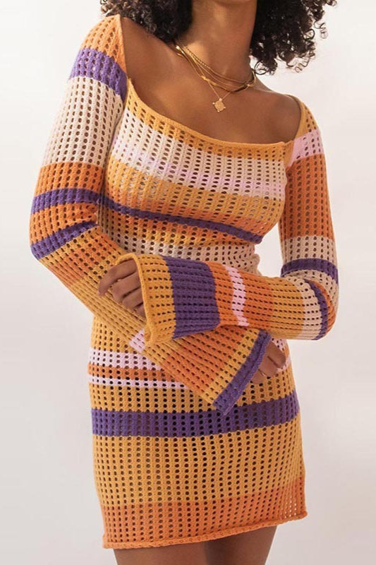 Striped Knit Cut Out Mini Bodycon Sweater Dress - VelvetHem