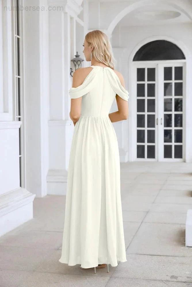Ladies Chiffon Off Shoulder Swing Sleeve Front Slit Bridesmaid Evening Dress Wedding Party Evening Dress 28117 (ZD17011)