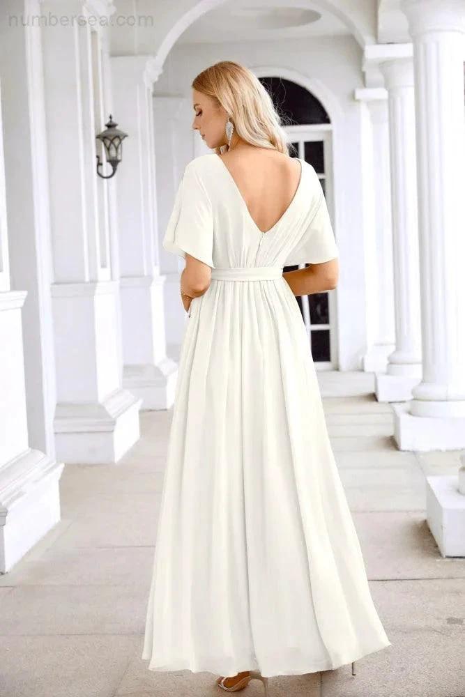 Ladies Chiffon Sleeve Crew Neck Front Slit Floor Length Bridesmaid Evening Dress Wedding Party Evening Dress 28124 (ZD17007)