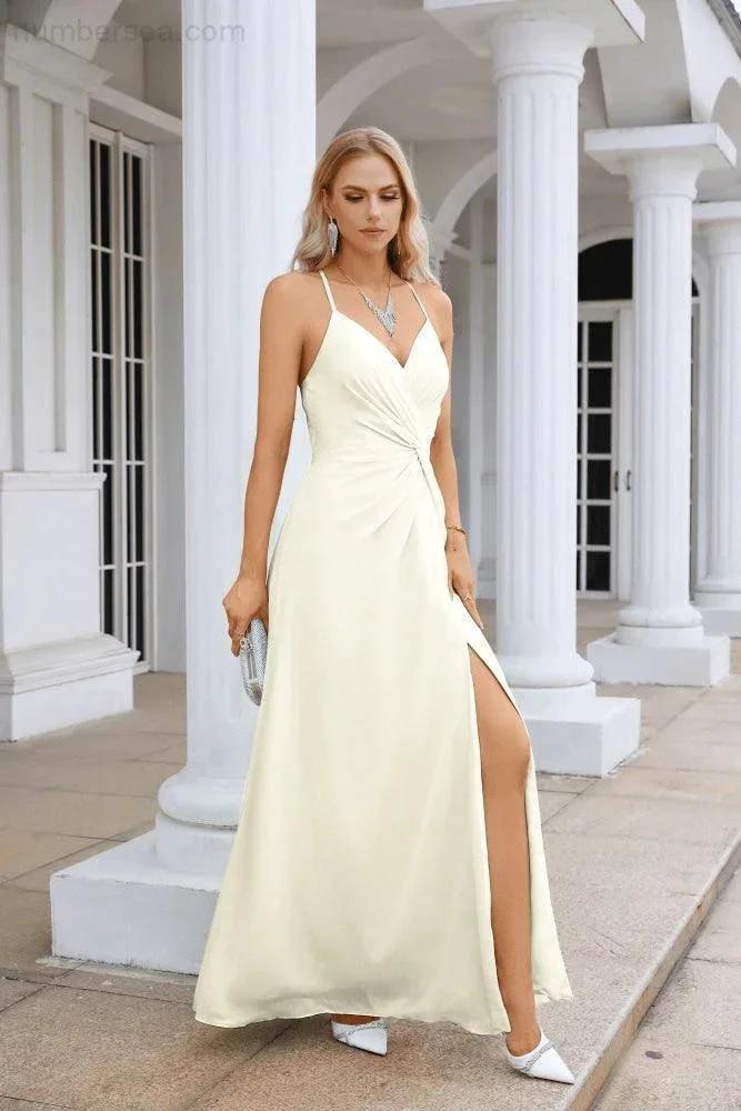 Ladies Chiffon Spaghetti Strap V Neck Front Slit Floor Length Bridesmaid Evening Dress Prom Party Wedding Evening Dress 28116 (ZD17012)