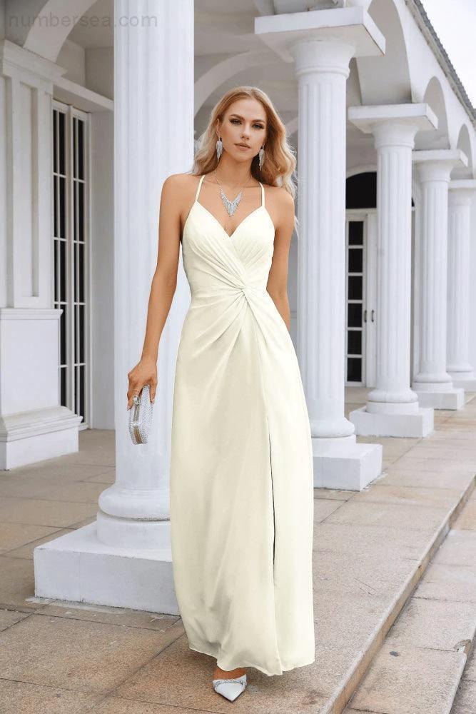 Ladies Chiffon Spaghetti Strap V Neck Front Slit Floor Length Bridesmaid Evening Dress Prom Party Wedding Evening Dress 28116 (ZD17012)