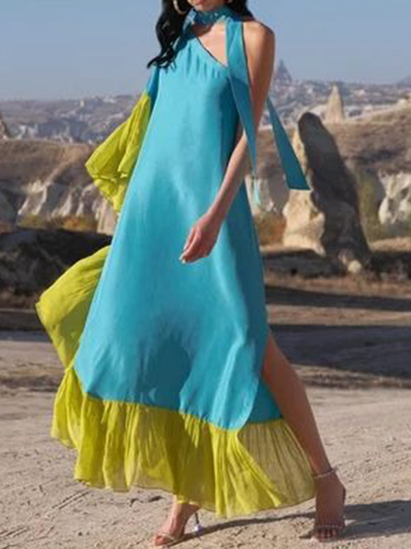 Loose Asymmetric Contrast Color Pleated Split-Joint Streamer One-Shoulder Evening Dresses Maxi Dresses - VelvetHem