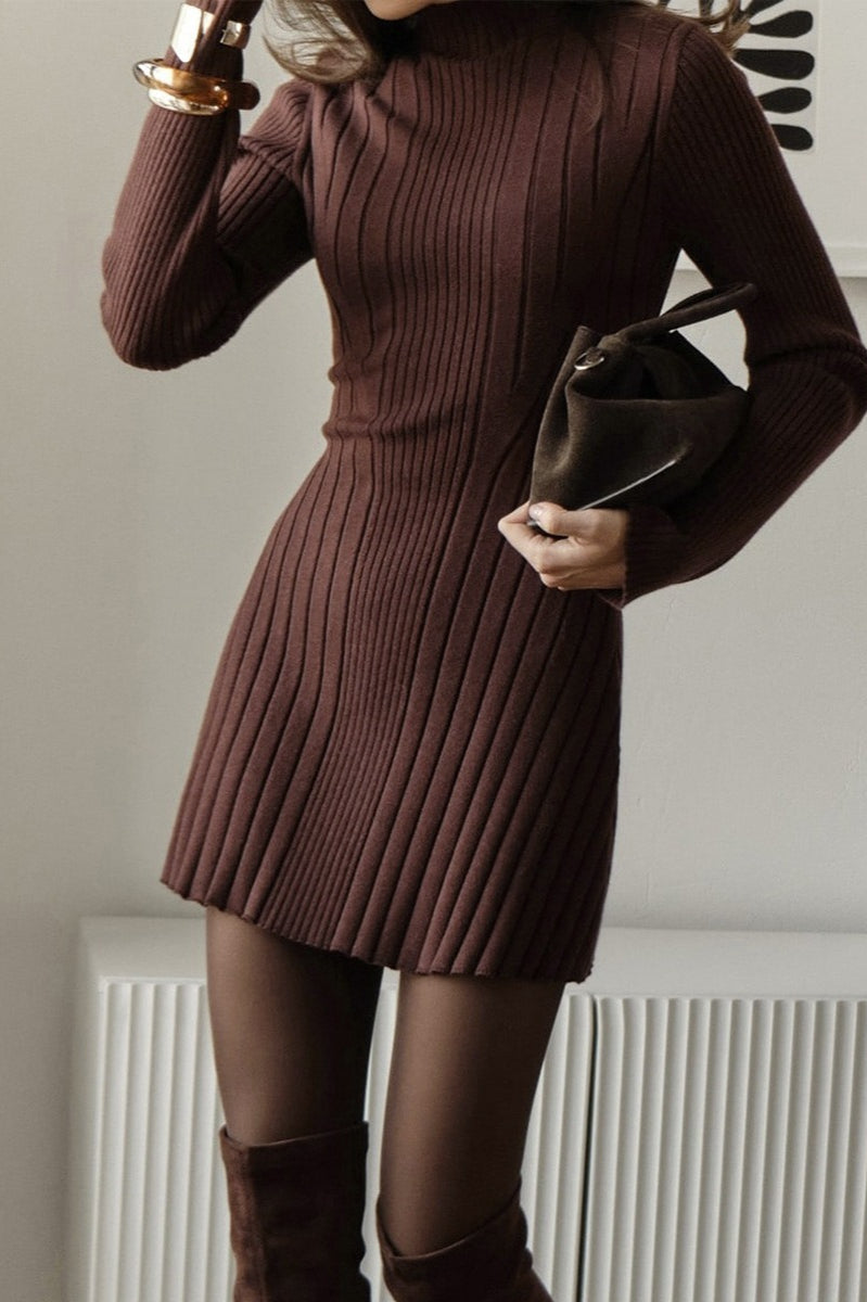 Elegant Playful Mock Neck Long Sleeve A-Line Mini Knit Sweater Dress - View 2 | VelvetHem