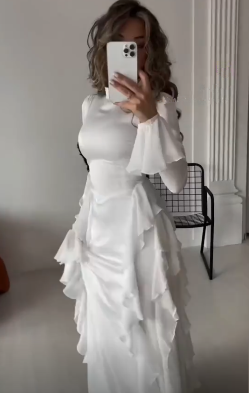 Flowing Long Sleeves A Line Ruffled Evening Dress Elegant Party Dress - VelvetHem