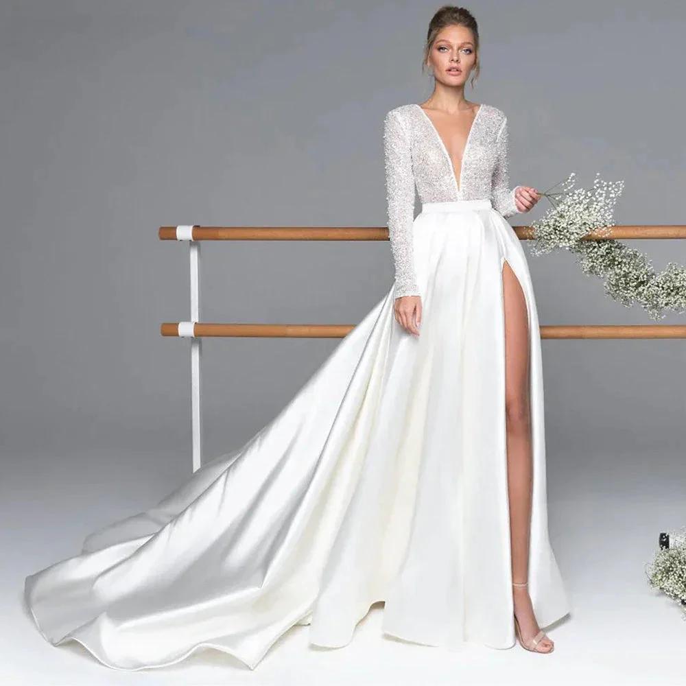 Luxury Long Sleeve Satin Wedding Dress Deep V-Neck Side Split Bridal Party Gown vestido de novia Sweep Train 2023 (ZD13471) - VelvetHem