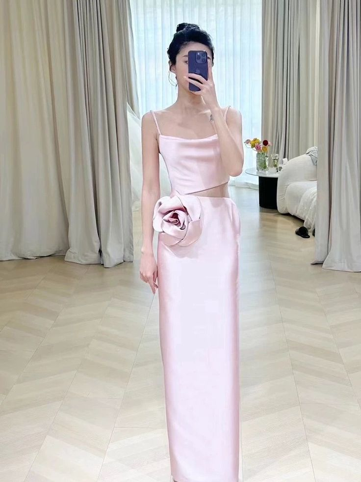 Elegant Pink Straps Sheath Prom Dress Evening Dress With Rose Flowers - View 5 | VelvetHem
