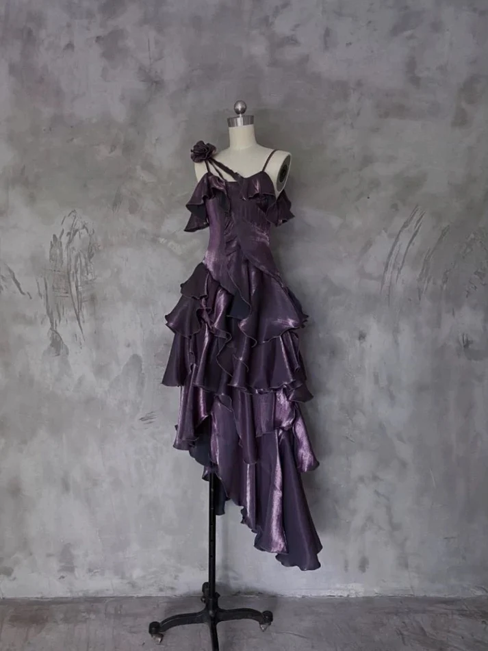 Purple Irregular Ruffle Spaghetti Straps Prom Dress Long Layered Birthday Dress Party Dress - VelvetHem