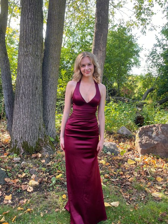 Burgundy Satin V Neck Long Prom Dress Evening Dress - VelvetHem