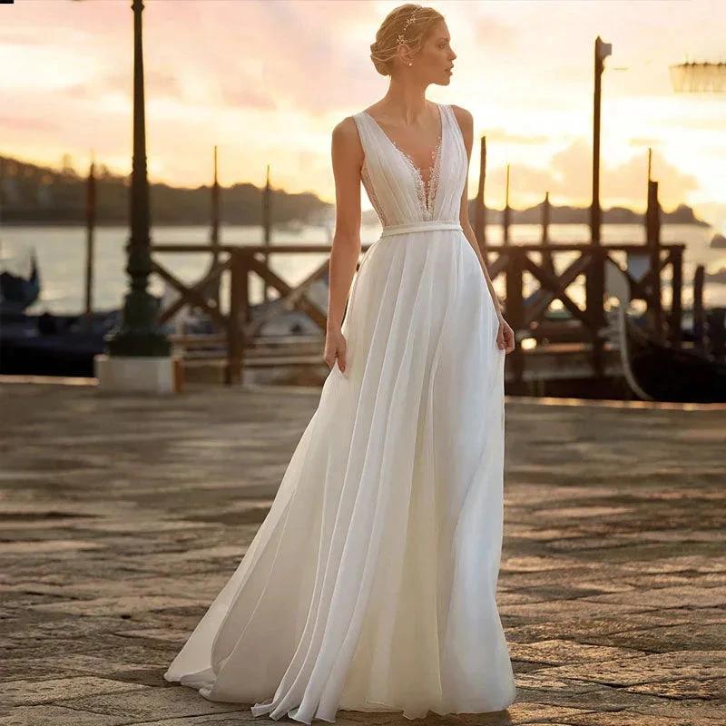 Chiffon V-Neck Wedding Dresses Sleeveless Elegant Lace Applqiues Boho A-Line Bride Gowns For Women Vestidos De Novia by payinti