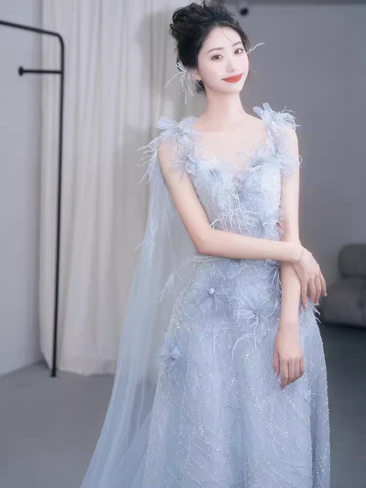 Mermaid Straps Gray Sequin Long Evening Dress Beads Prom Dress