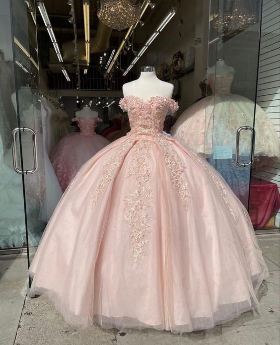 Off The Shoulder Pink Quinceanera Dresses Lace Applique Sweet 16 Dress Ball Gown Y395 - VelvetHem