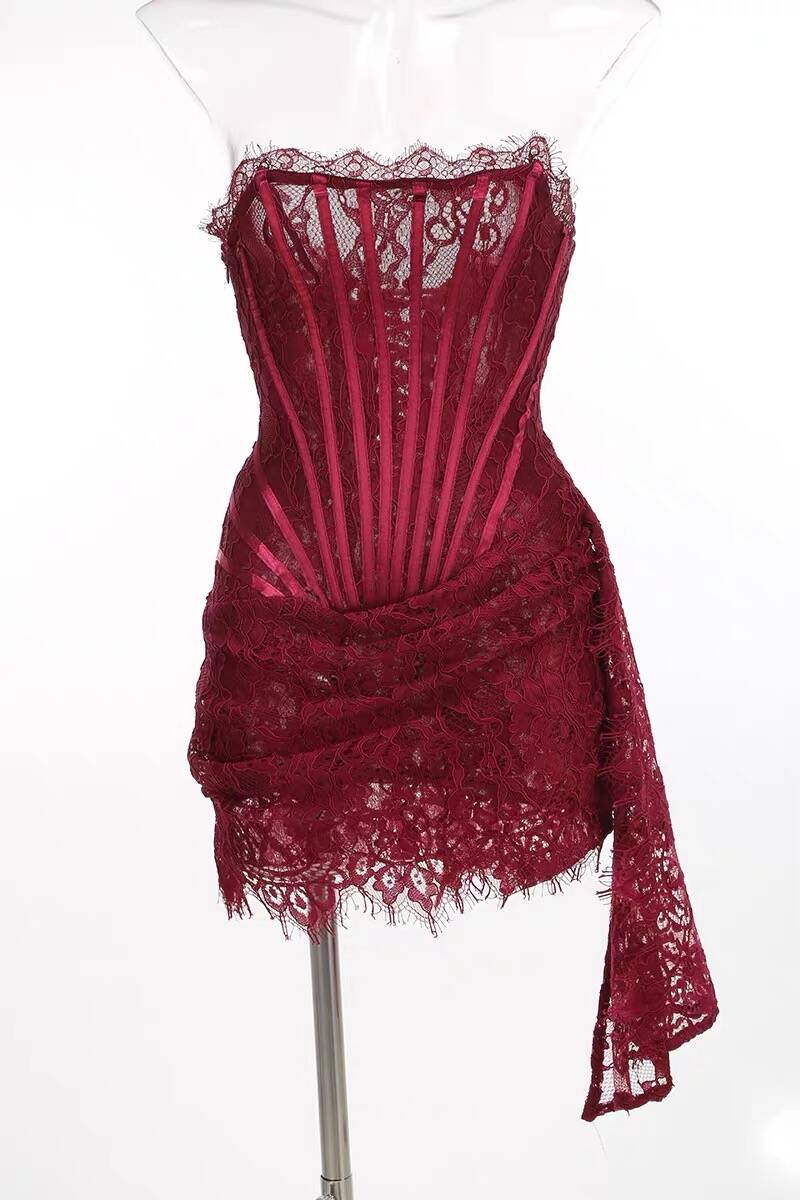 Sexy Burgundy Strapless Lace Sheath Short Cocktail Dress Homecoming Dress - View 5 | VelvetHem