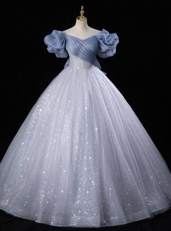 Fairy Blue Tulle Sequins Off the Shoulder Quinceanera Dress Cute Ball Gown With Bow - VelvetHem