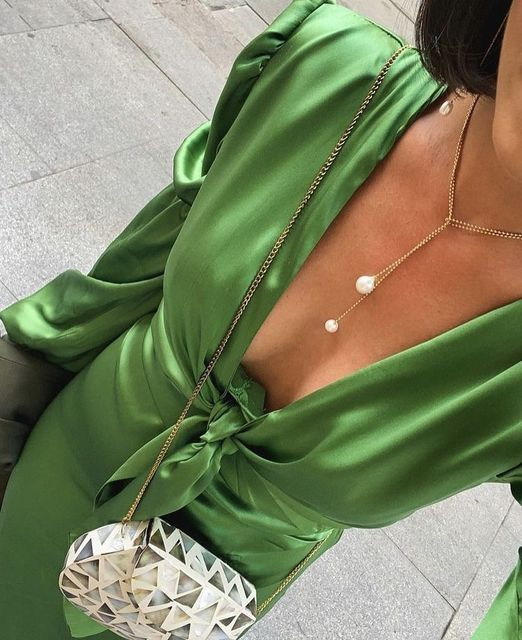 Classy V Neck Green Prom Dress,Green Wedding Guest Outfit - View 2 | VelvetHem