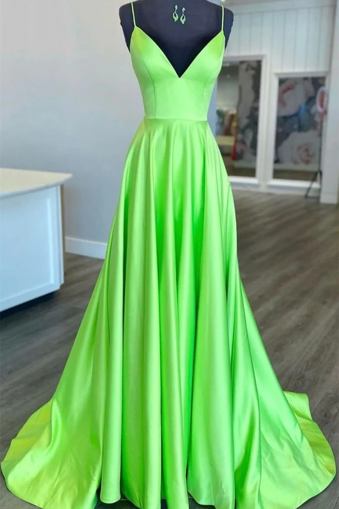 Simple A Line V Neck Green Satin Long Prom Dress, V Neck Green Formal Graduation Evening Dress Y215 - VelvetHem