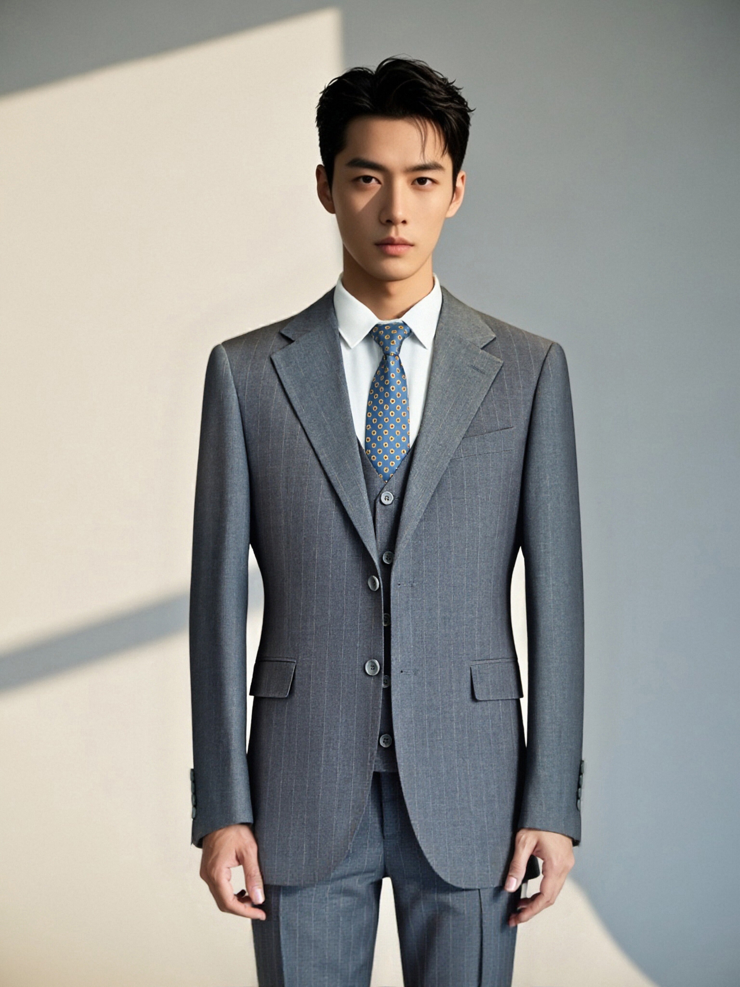 Subtle Pinstripe Grey Wool Three Piece Suit for Grooms and Business (ZD17096)