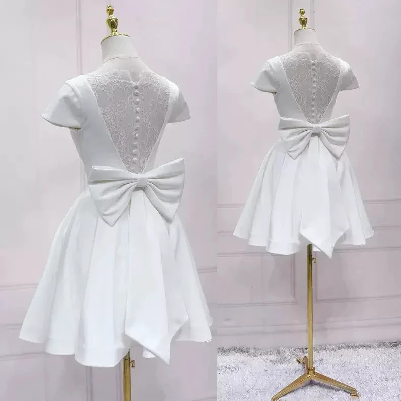 White Satin Short Homecoming Dress Lace Back s45 (ZD12603) - VelvetHem