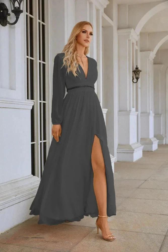 Ladies V Neck Chiffon Long Sleeve Front Slit Bridesmaid Evening Dress Wedding Party Shopping Evening Dress 28109 by numbersea