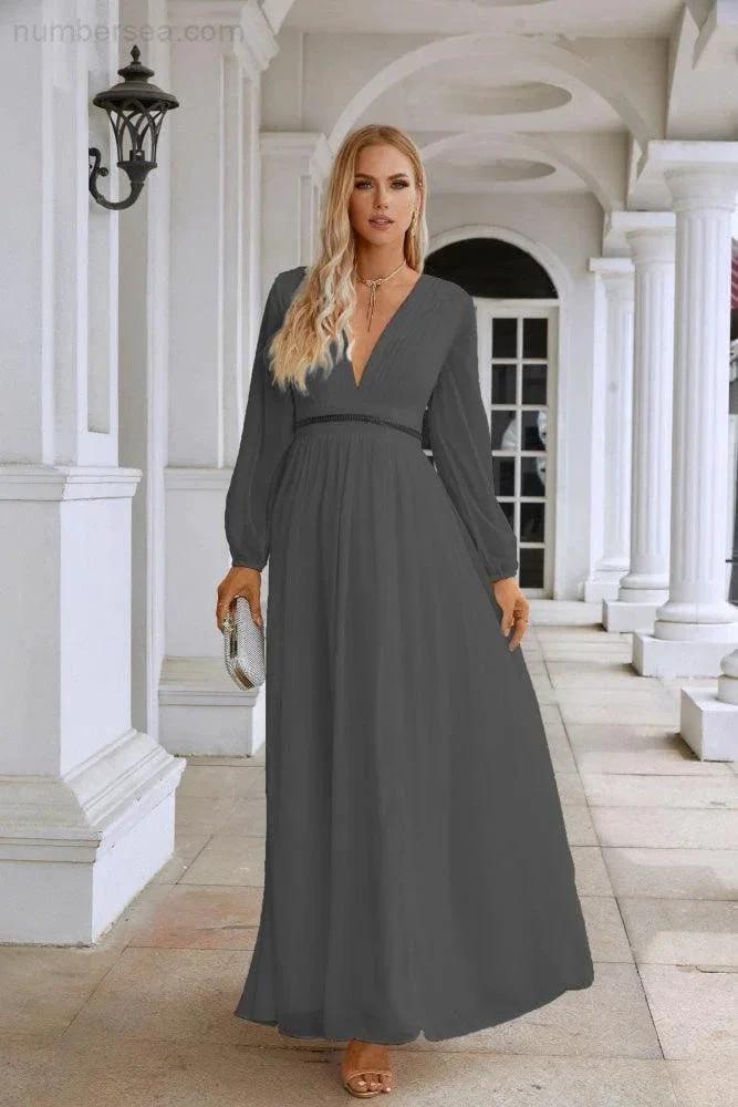 Ladies V Neck Chiffon Long Sleeve Front Slit Bridesmaid Evening Dress Wedding Party Shopping Evening Dress 28109 (ZD16991)