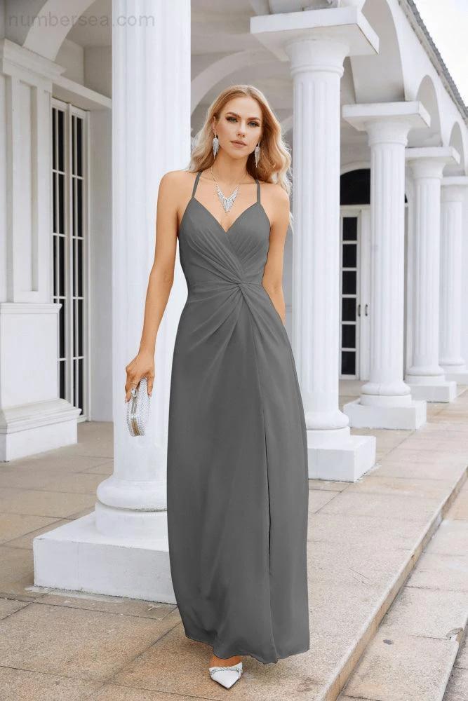 Ladies Chiffon Spaghetti Strap V Neck Front Slit Floor Length Bridesmaid Evening Dress Prom Party Wedding Evening Dress 28116 (ZD17012)