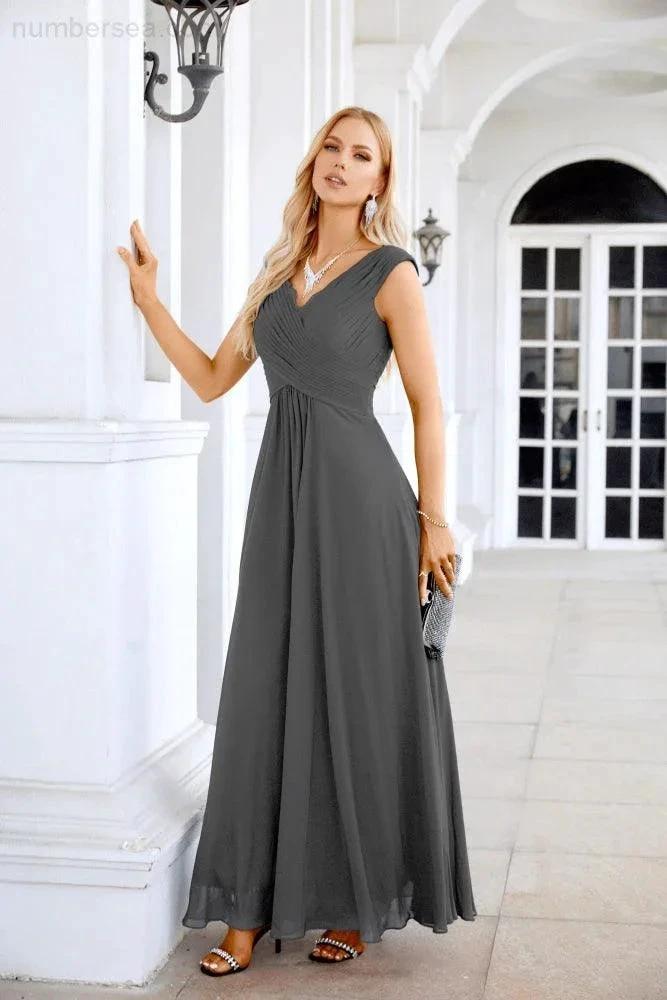 Ladies Chiffon V Neck Sleeveless Floor Length Bridesmaid Evening Dress Wedding Party Evening Dress 28126 (ZD16989)
