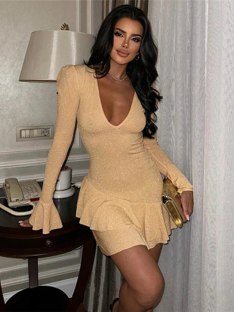 TARUXY Deep V Neck Slim Mini Dress Women High Waist Bodycon Fold Splice Evening Dress Women's Winter Party Sexy Dresses Female