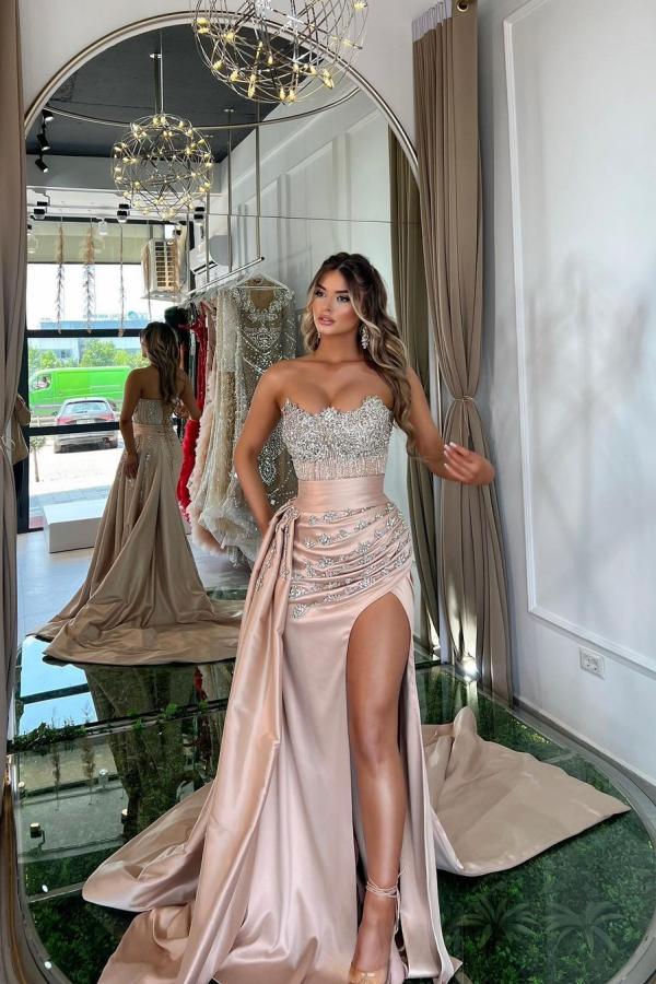 Sweetheart Mermaid Evening Dress Sleeveless Slit With Beads Ruffle