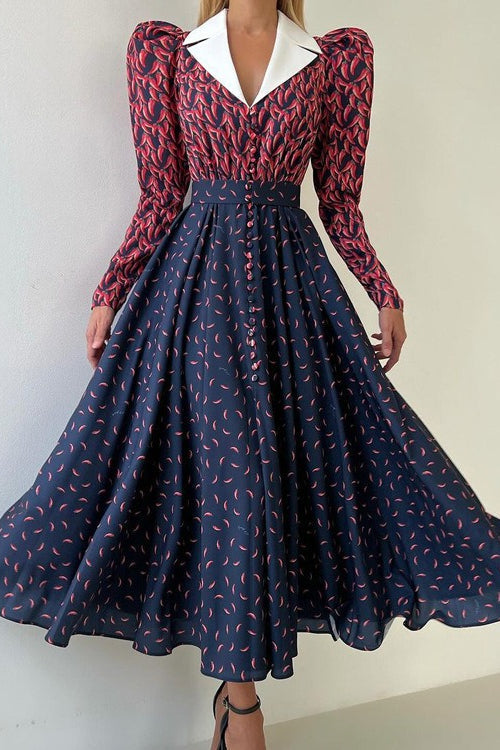 Contrast Collar Long Sleeve A Line Floral Dress