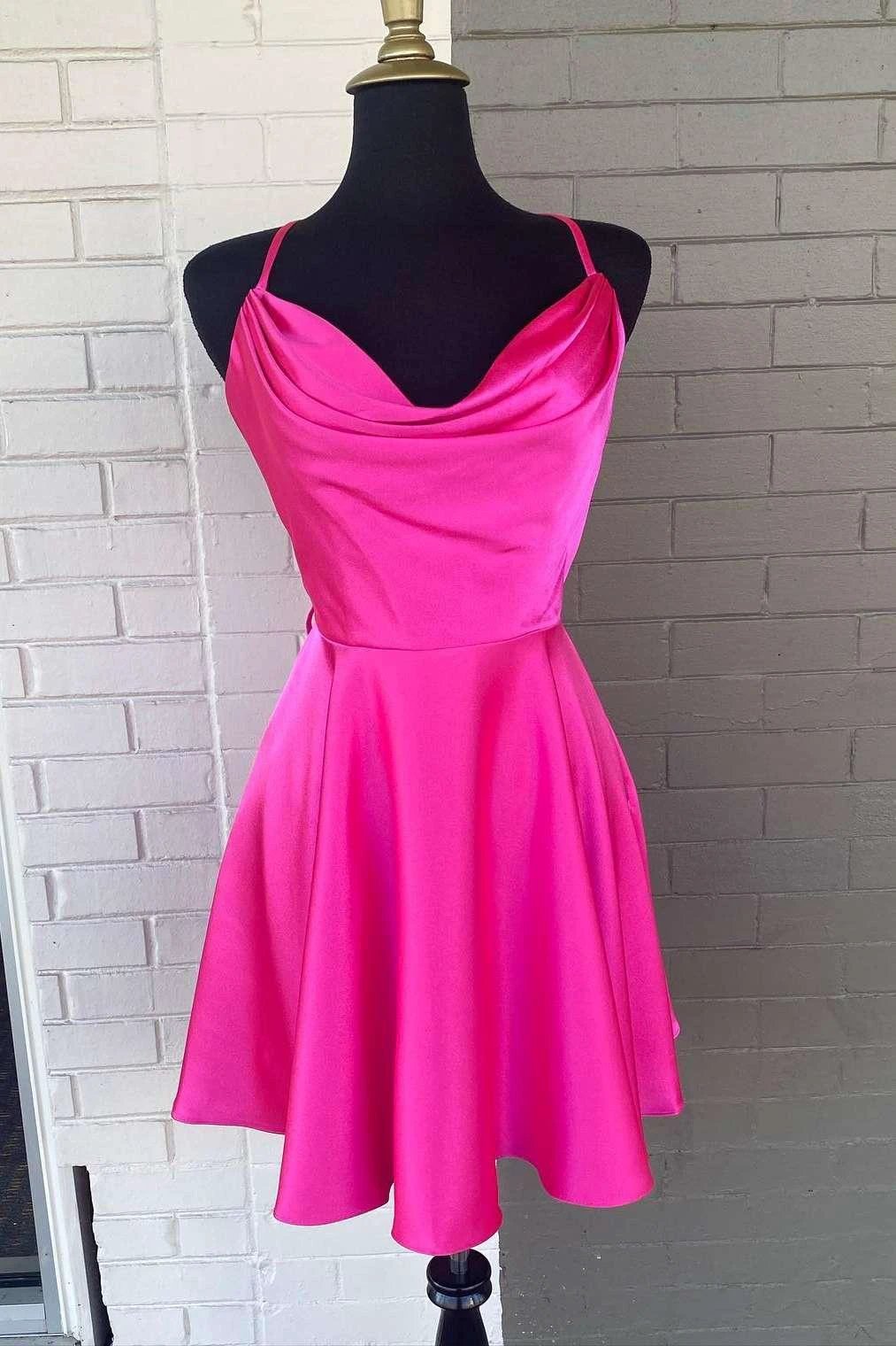 Neon Pink Cowl Neck A-Line Homecoming Dress Y286 by simplepromdress