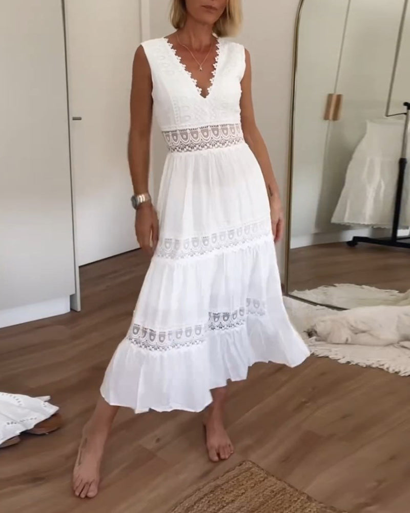 Carmen Chic Sleeveless Lace Dress with V Neckline Elevated Occasion Wear