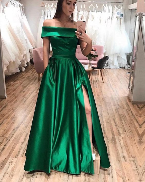 Off the Shoulder Hunter Green Prom Dress, Long Evening Party Formal Gowns - VelvetHem