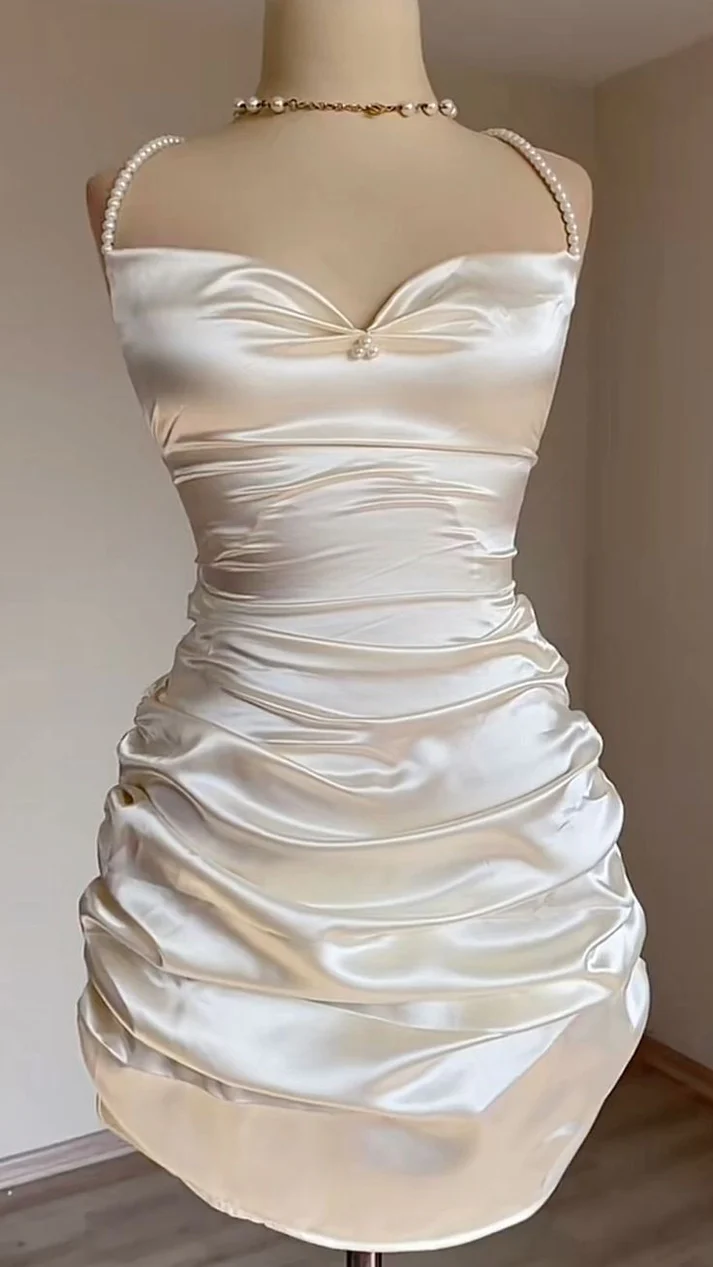 Sexy White Short Satin Sheath Birthday Dress Short Prom Dress Homecoming Dress - VelvetHem
