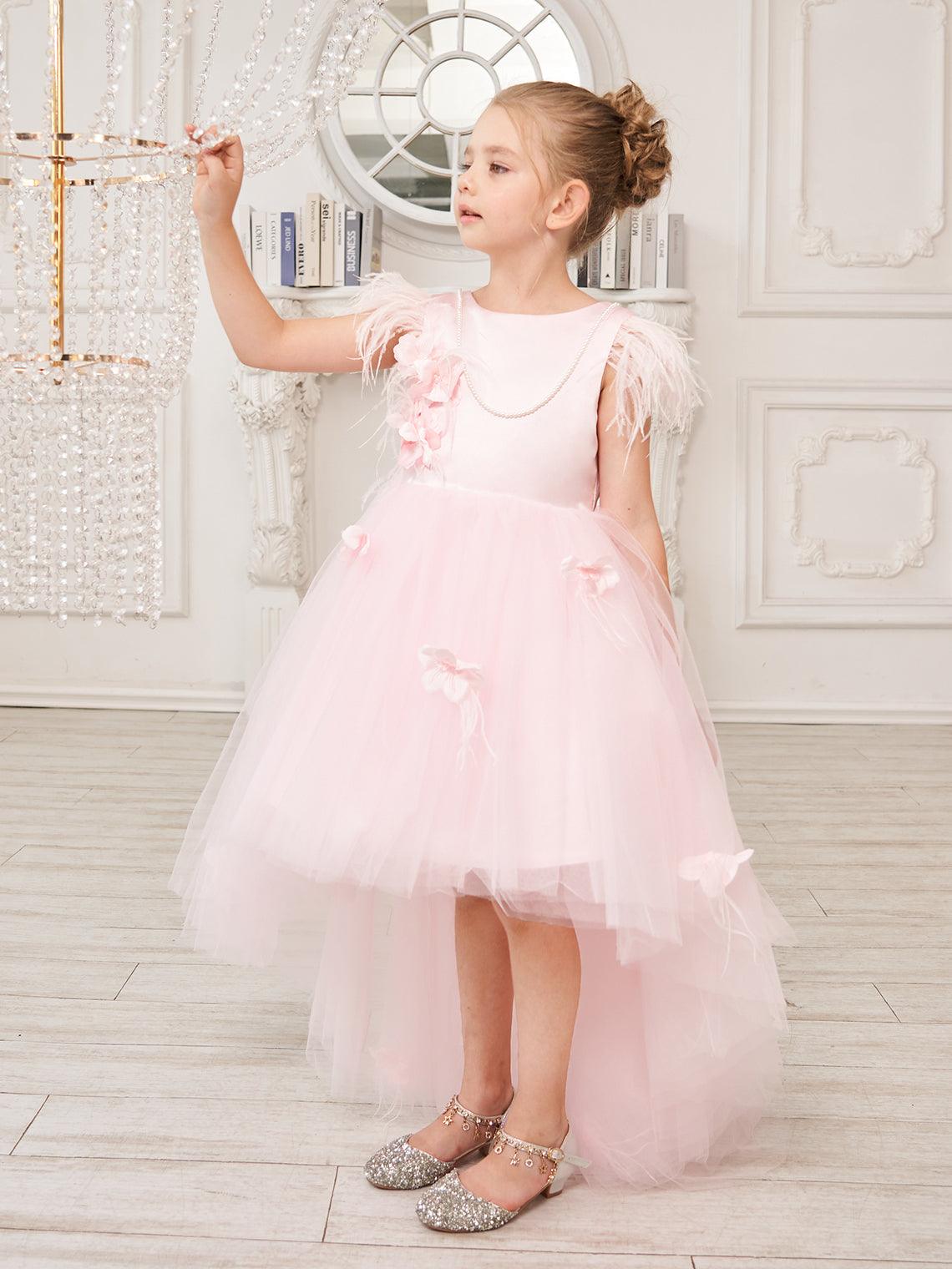 Princess Sleeveless Tulle Flower Girl Dress with Beading and Feather Bow (010224704) - VelvetHem