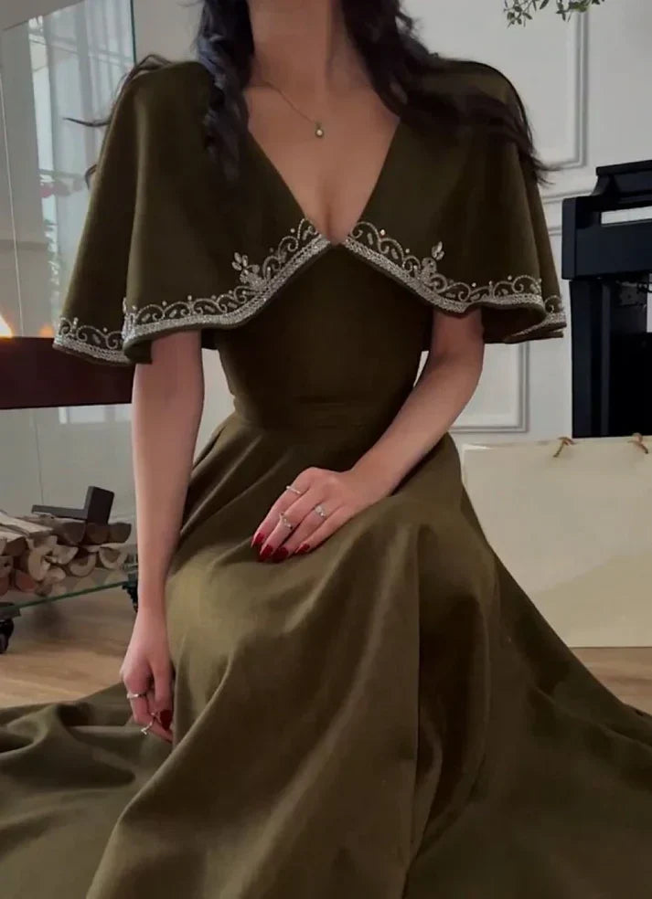 Retro Style V Neck Long Prom Dress,Winter Dance Dress
