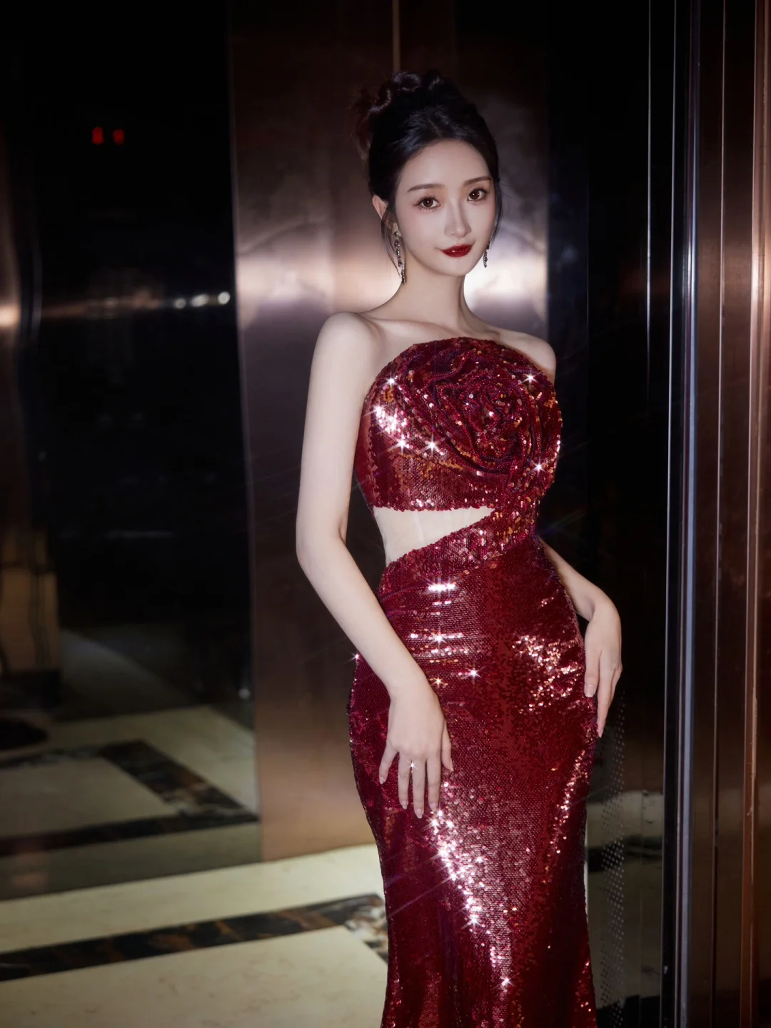 Burgundy Strapless Sequin Rose Flowers Prom Dress Mermaid Long Evening Dress Y8595 - VelvetHem