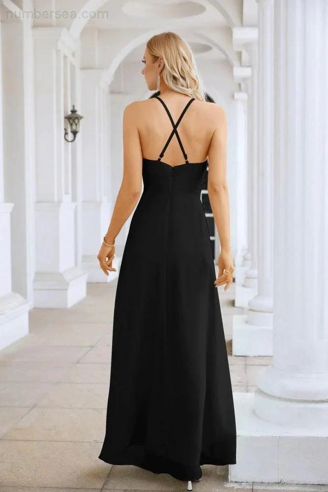 Ladies Chiffon Spaghetti Strap V Neck Front Slit Floor Length Bridesmaid Evening Dress Prom Party Wedding Evening Dress 28116 (ZD17012)