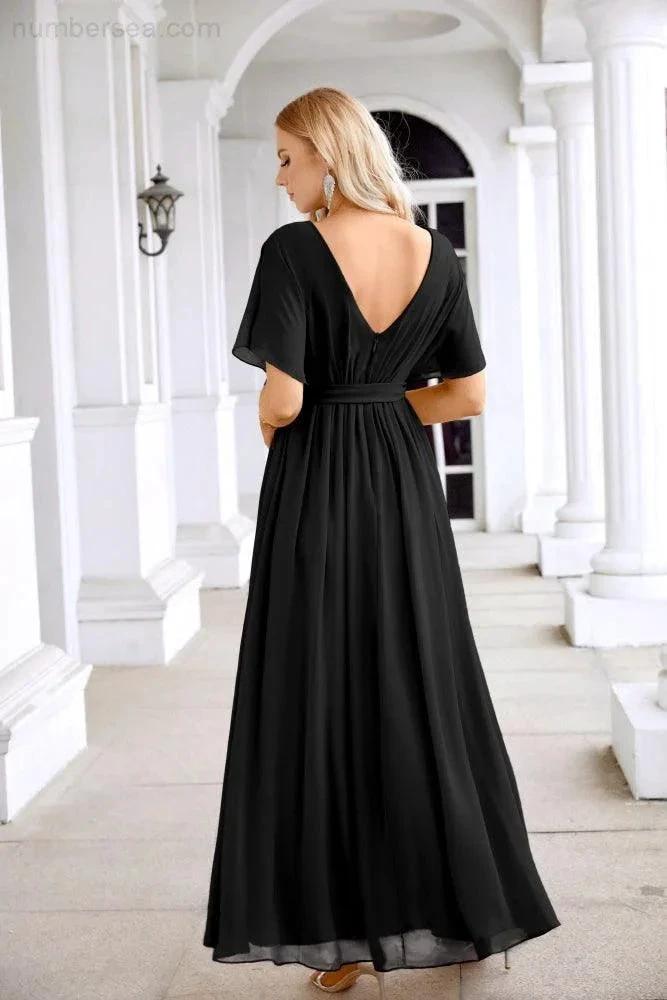 Ladies Chiffon Sleeve Crew Neck Front Slit Floor Length Bridesmaid Evening Dress Wedding Party Evening Dress 28124 (ZD17007)
