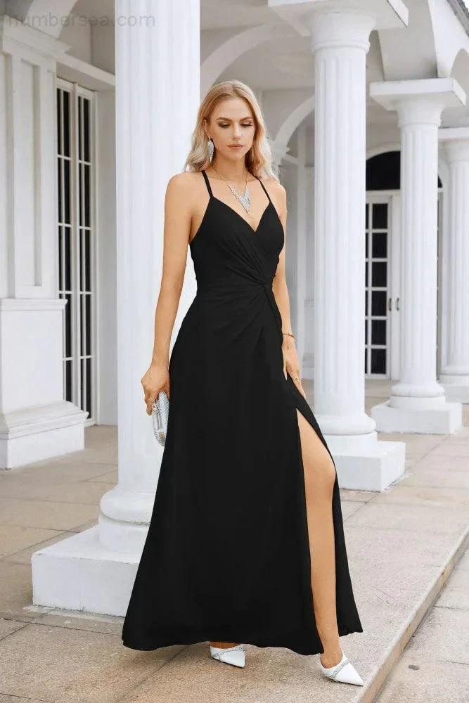 Ladies Chiffon Spaghetti Strap V Neck Front Slit Floor Length Bridesmaid Evening Dress Prom Party Wedding Evening Dress 28116 (ZD17012)